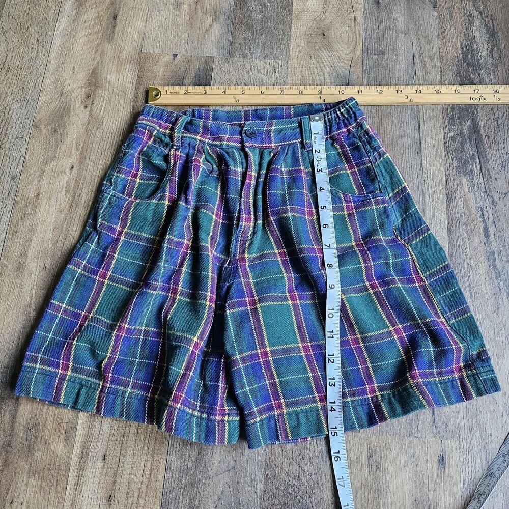 Vintage 90s Plaid High Waisted Bermuda Shorts Green Purple Cotton Kids M 8 - Picture 5 of 8